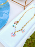 Çelik Charm Pembe Kalp ve Fatma'nın Eli Detaylı Kolye - İubi Store