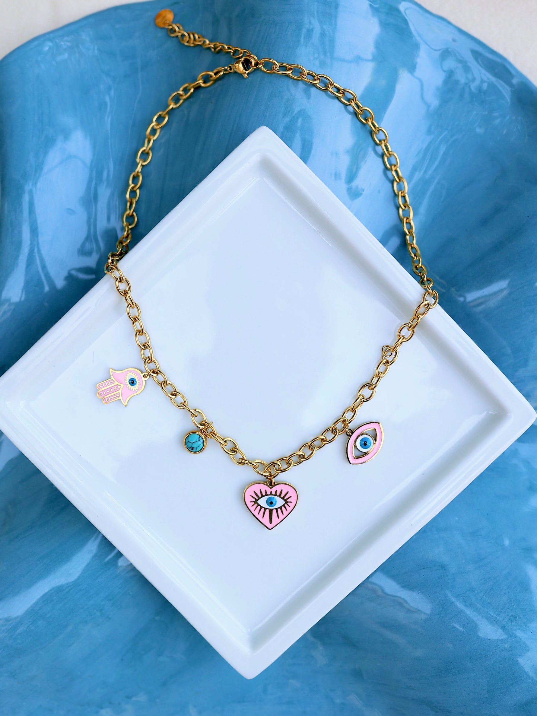 Çelik Charm Pembe Kalp ve Fatma'nın Eli Detaylı Kolye - İubi Store