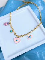 Çelik Charm Pembe Kalp ve Fatma'nın Eli Detaylı Kolye - İubi Store
