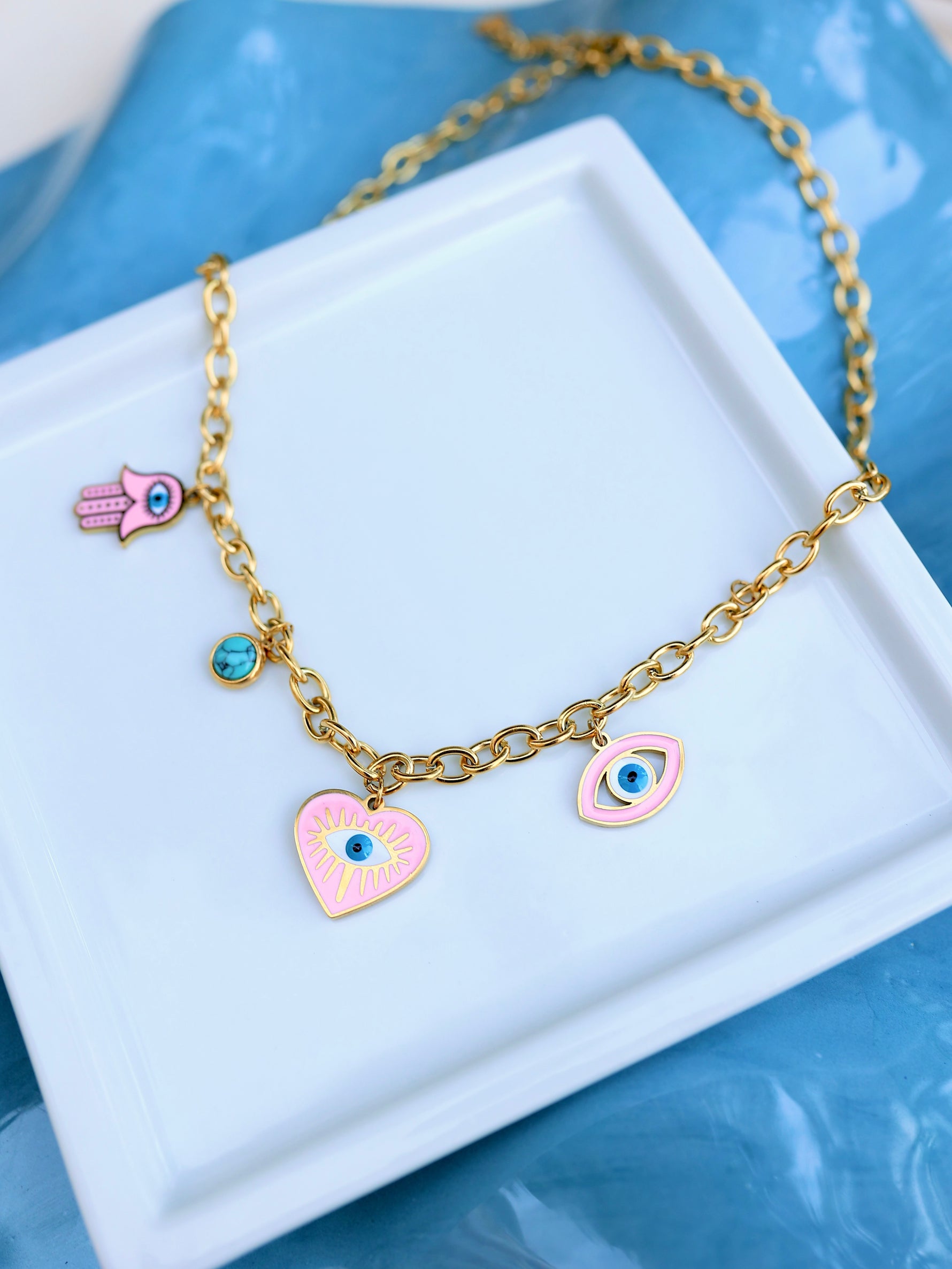 Çelik Charm Pembe Kalp ve Fatma'nın Eli Detaylı Kolye - İubi Store