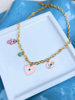 Çelik Charm Pembe Kalp ve Fatma'nın Eli Detaylı Kolye - İubi Store