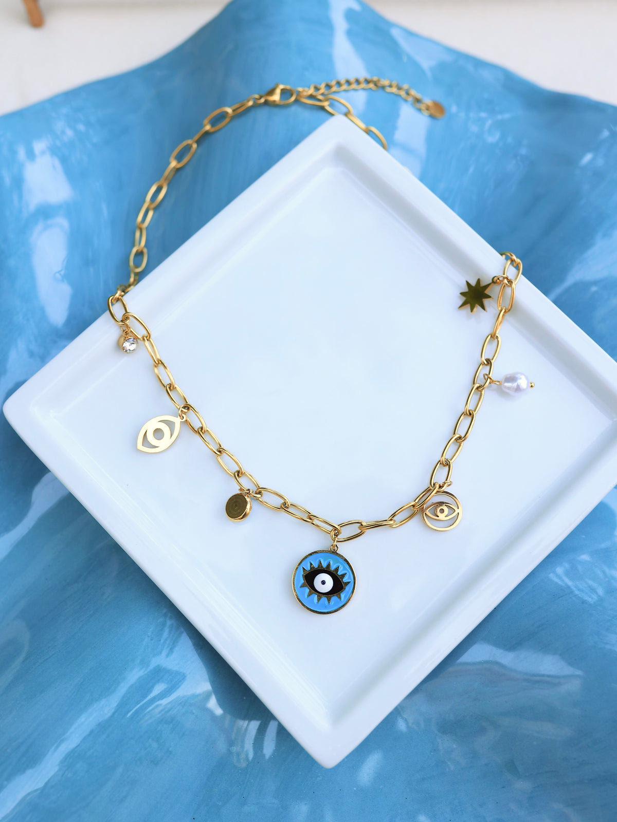 Çelik Charm Mavi Göz Kolye - İubi Store