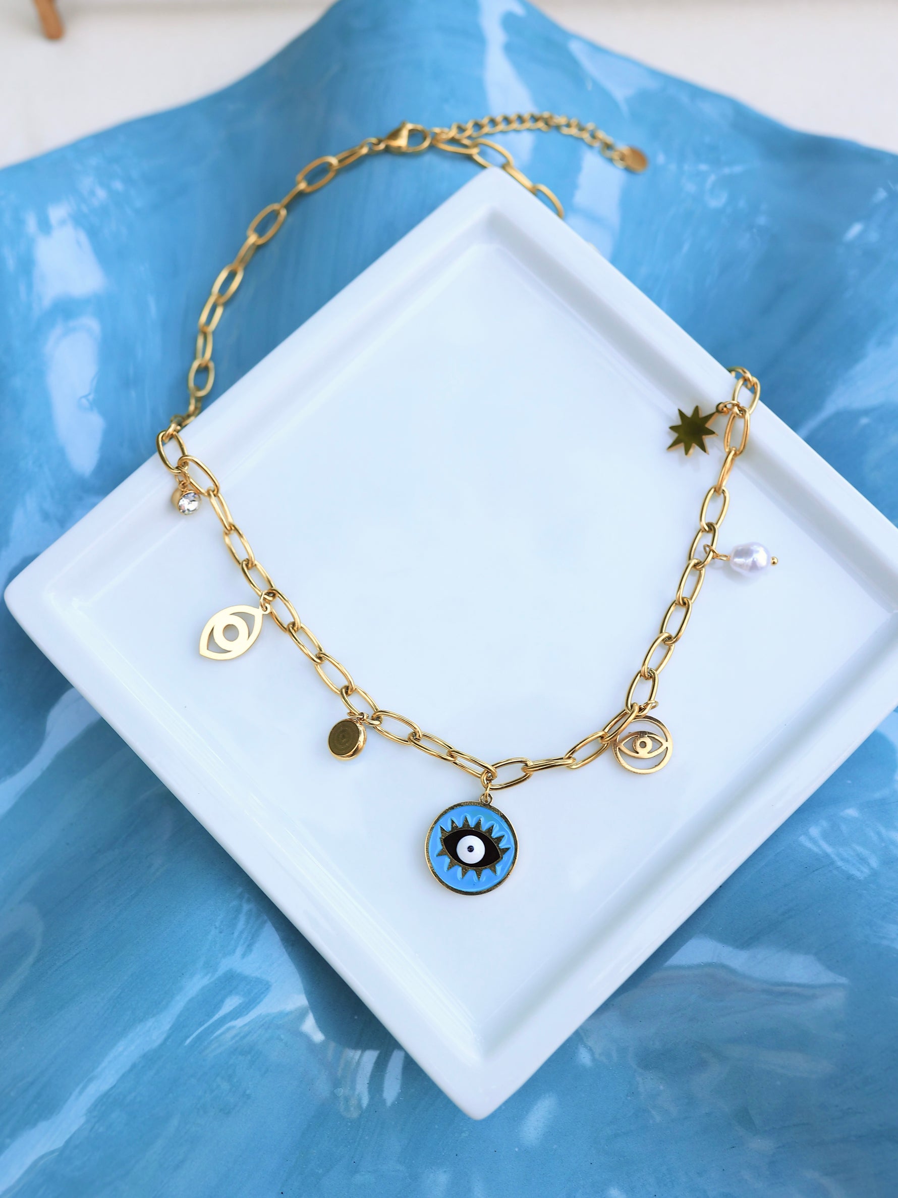 Çelik Charm Mavi Göz Kolye - İubi Store