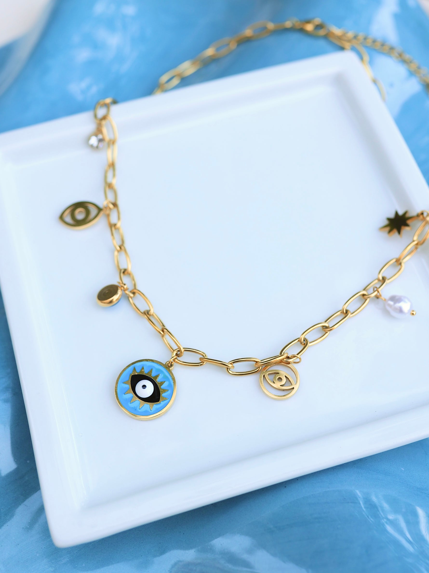 Çelik Charm Mavi Göz Kolye - İubi Store