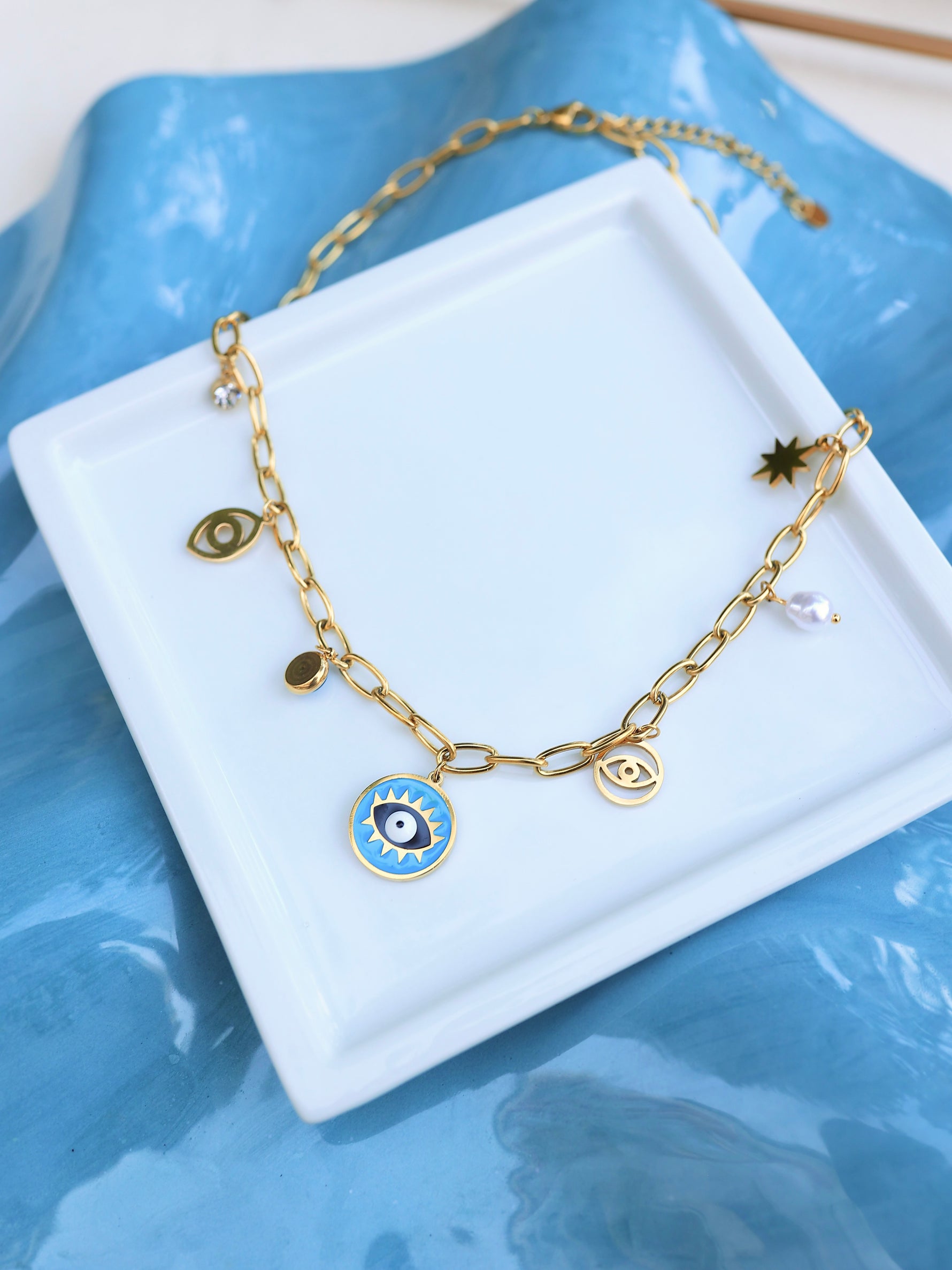 Çelik Charm Mavi Göz Kolye - İubi Store