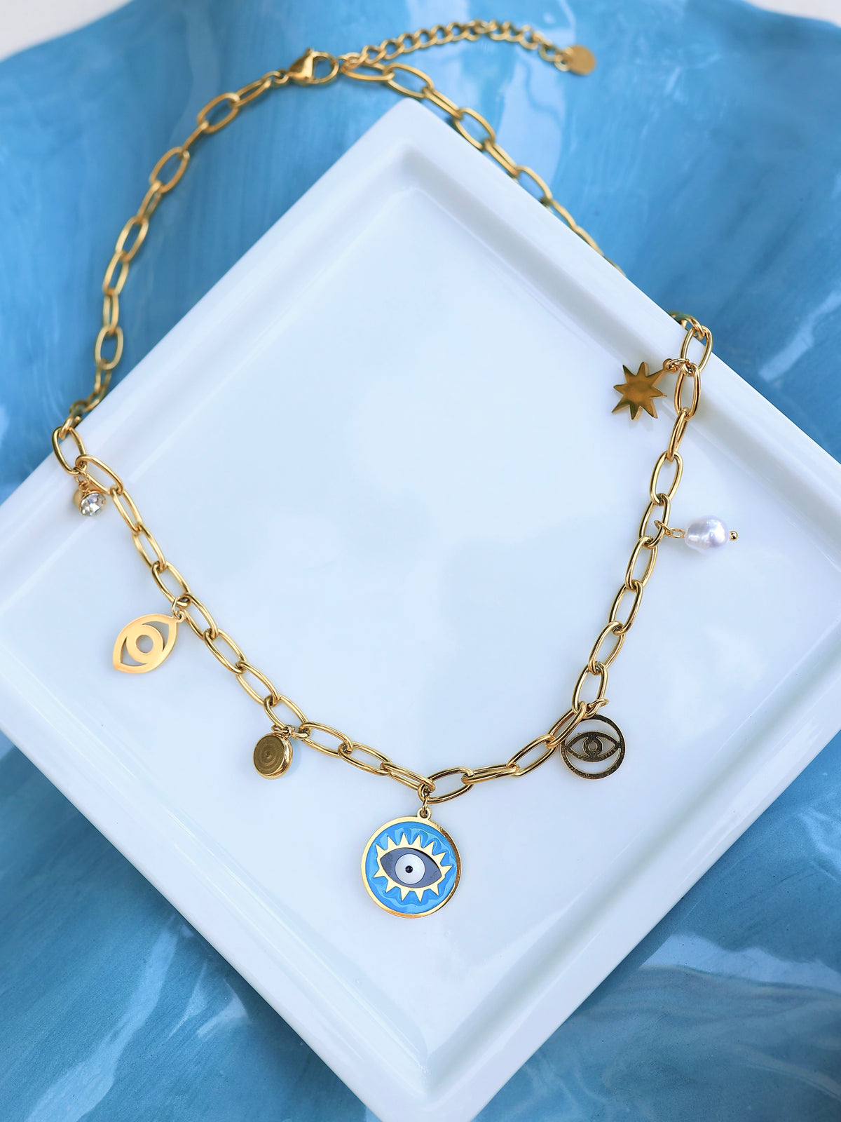 Çelik Charm Mavi Göz Kolye - İubi Store